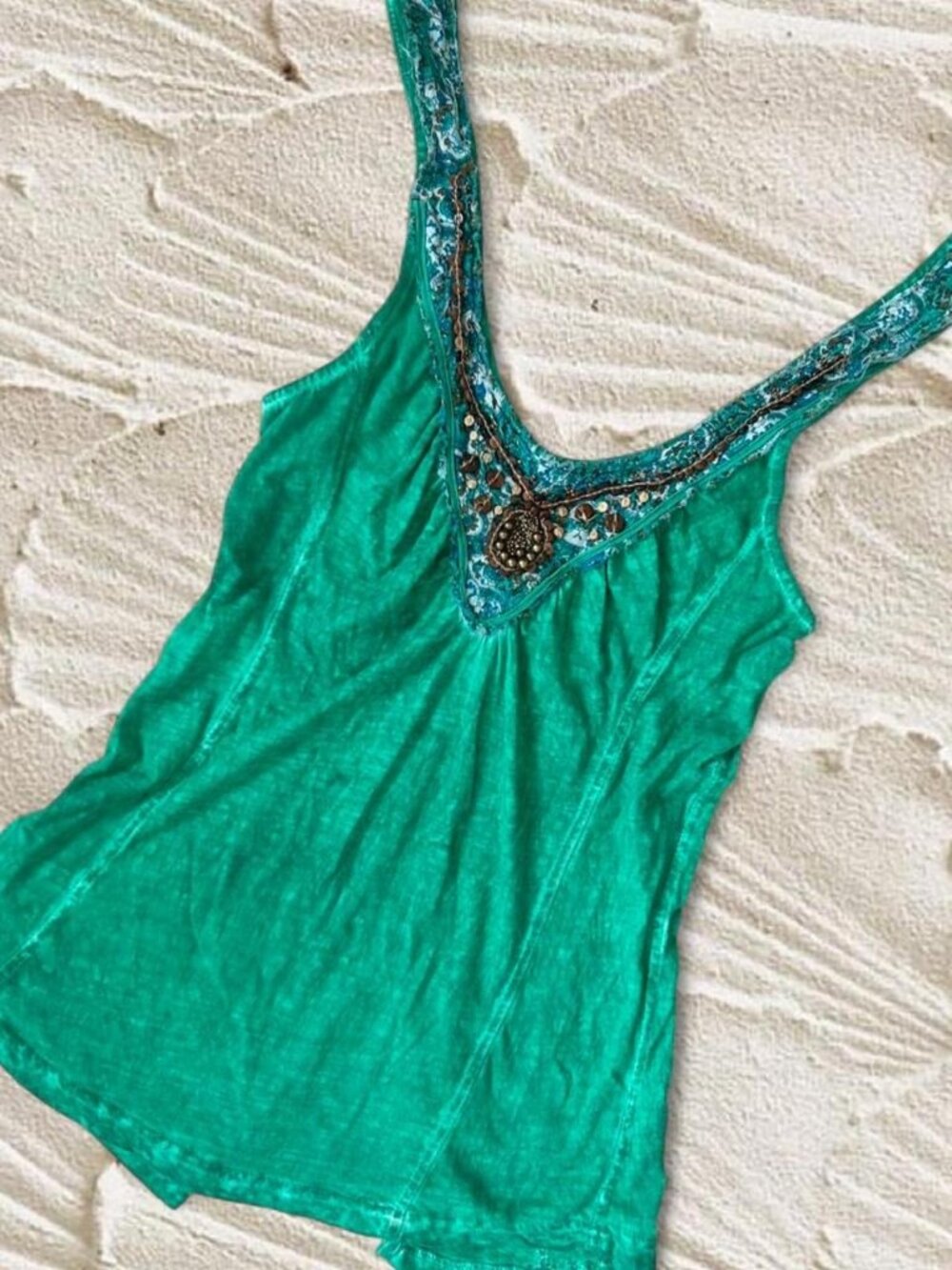 Rare Vintage Free People Y2K Mermaid Green Coconut Beaded Tank Top ✨